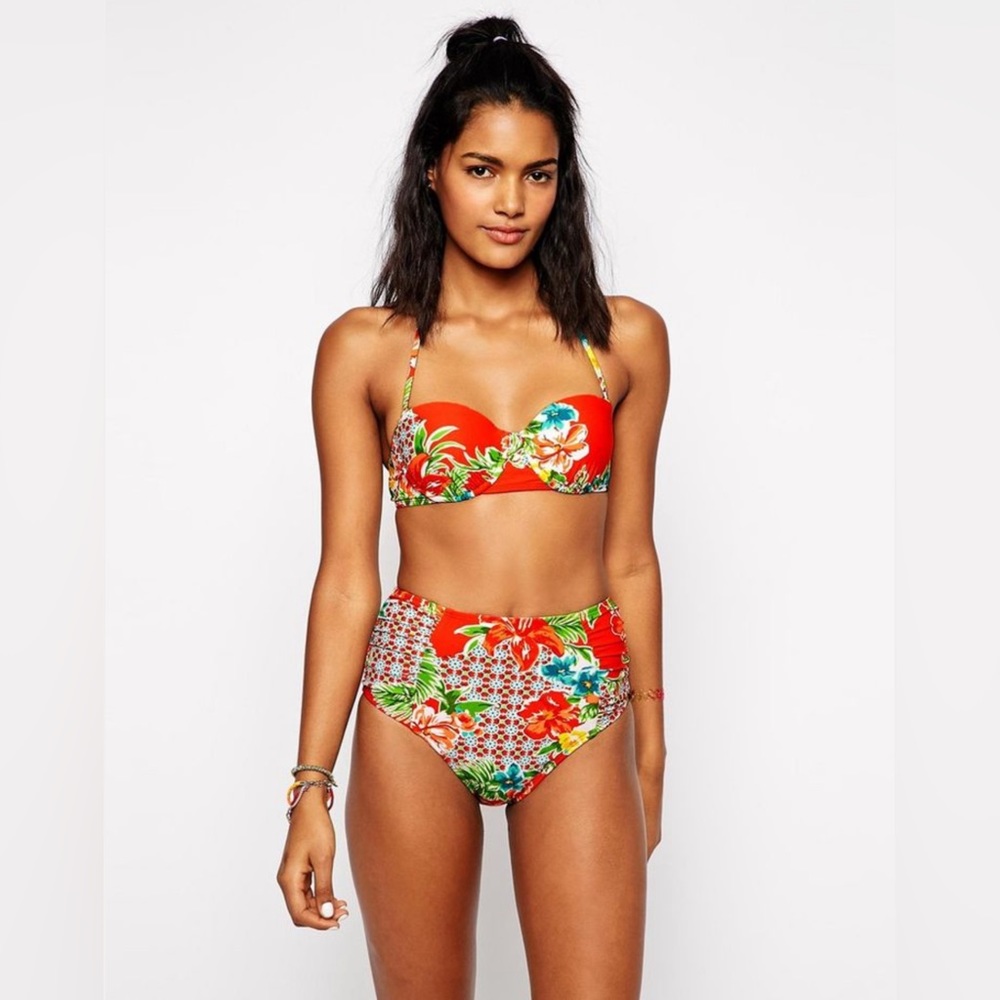 The Bikini Lab Retro High Waist Hawaii Tropical Floral Bikini Top & Bottom (S/M)